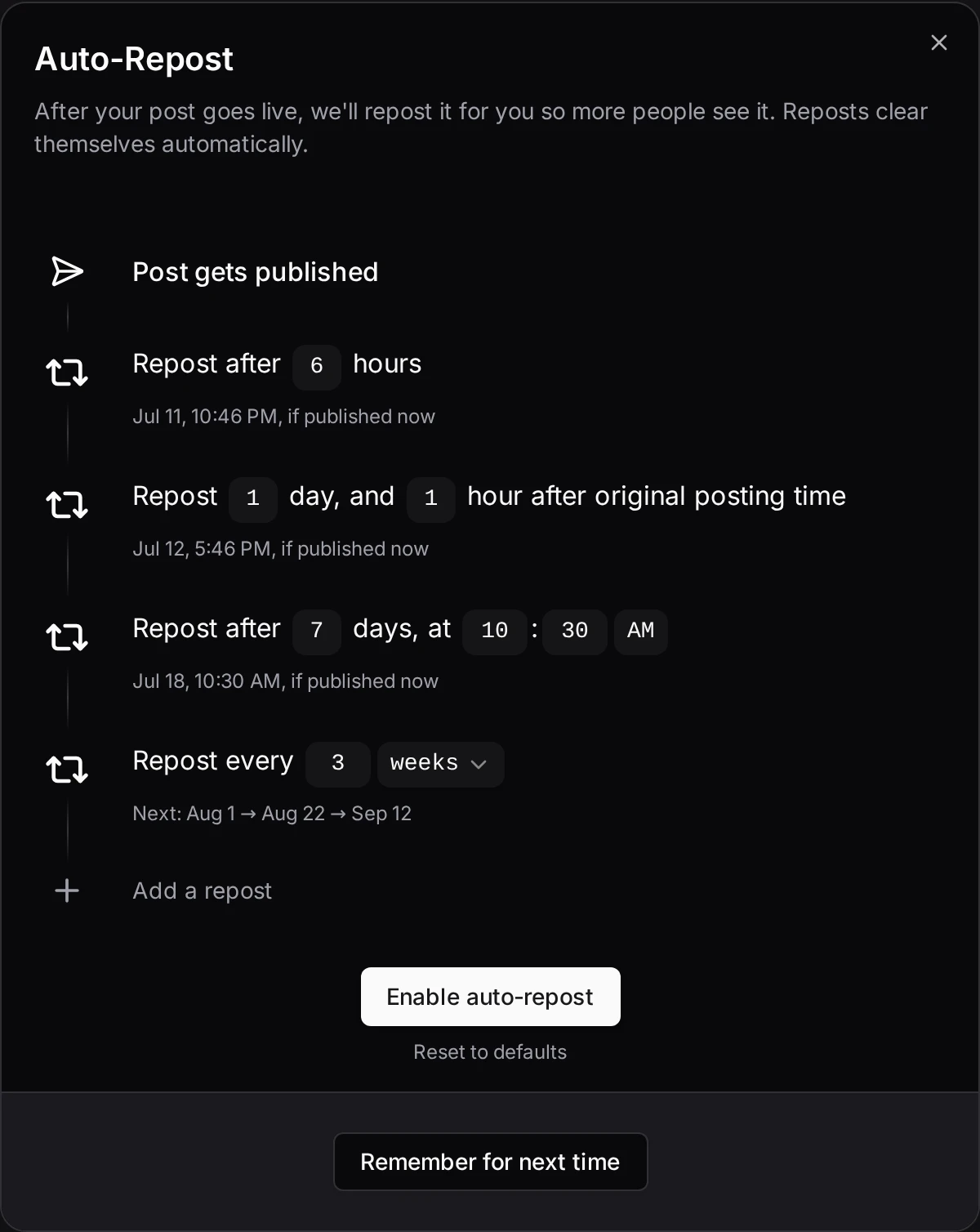 ElvenFlow Auto-Repost with a schedule of automatic reposts after your post goes live
