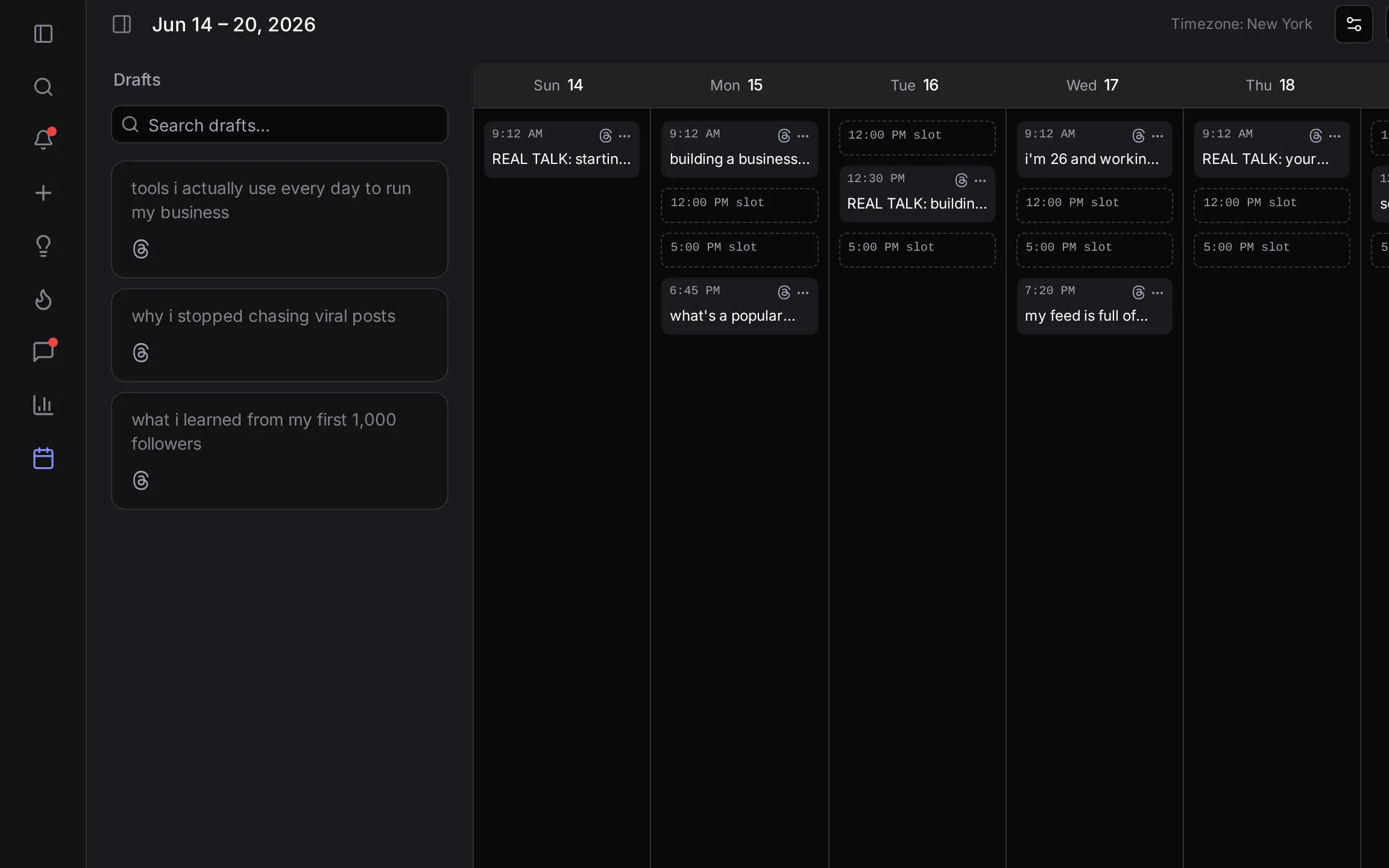 ElvenFlow weekly queue with scheduled Threads posts at your best times