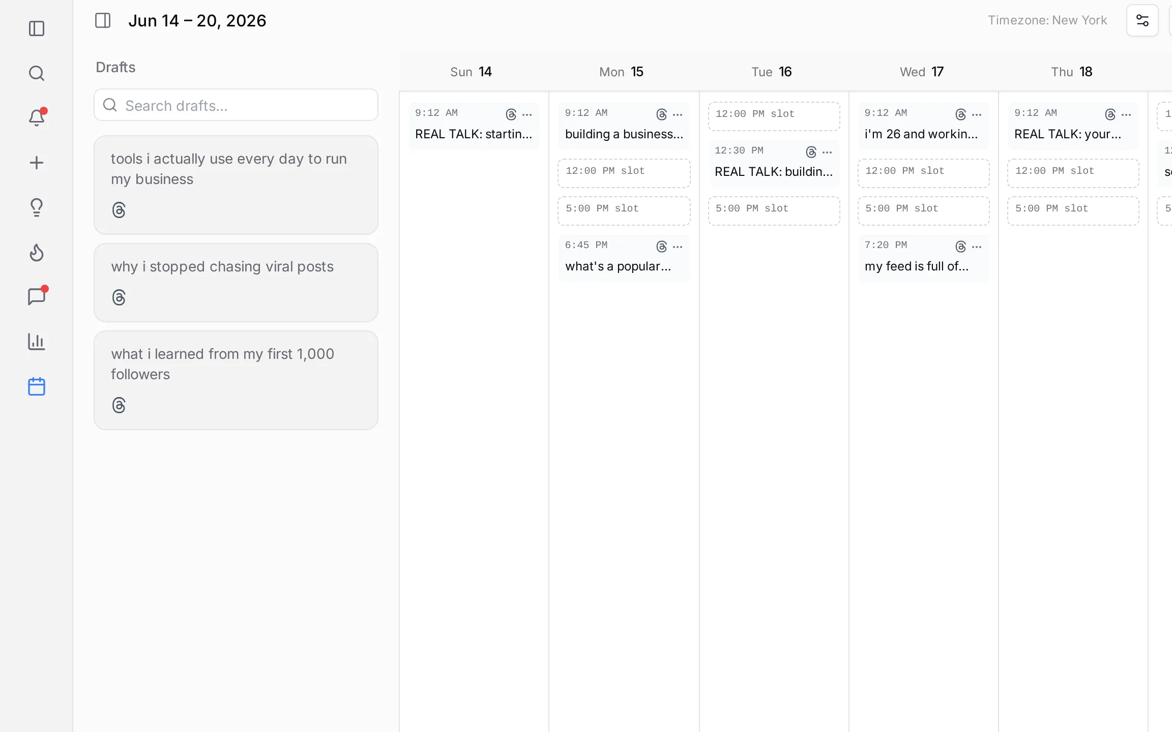 ElvenFlow weekly queue with scheduled Threads posts at your best times
