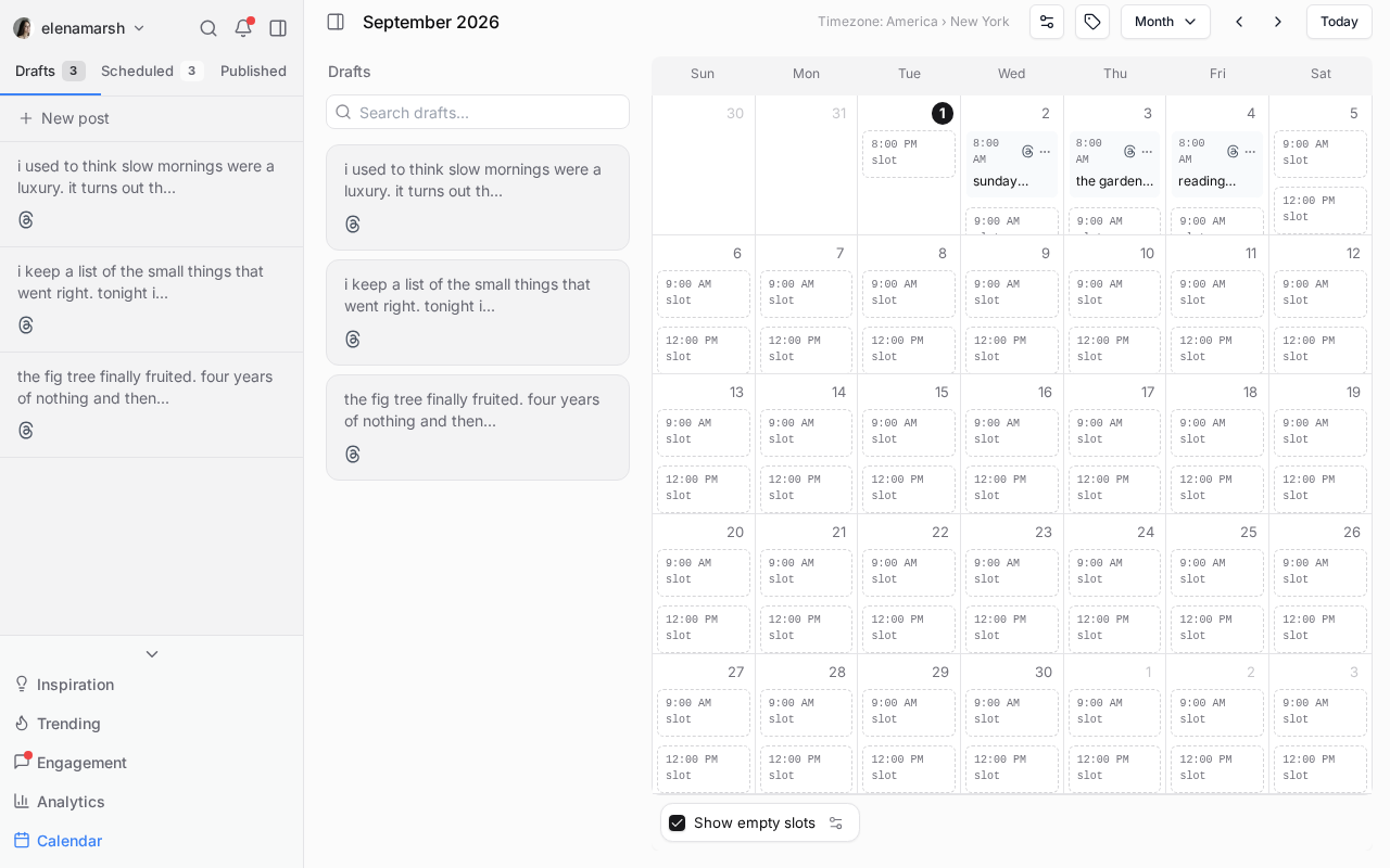 The ElvenFlow calendar, a week of Threads posts scheduled across time slots