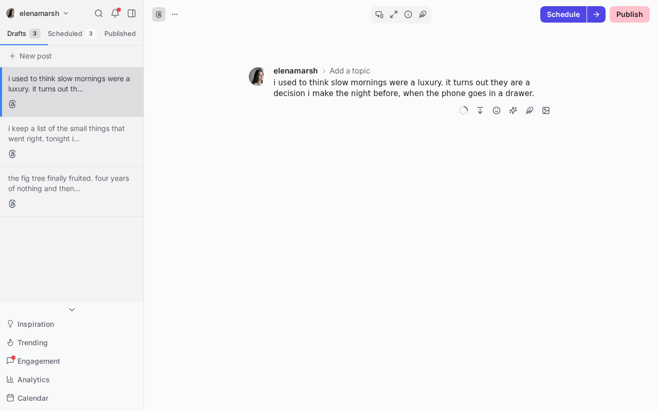 The ElvenFlow post editor with a Threads draft and the queue beside it