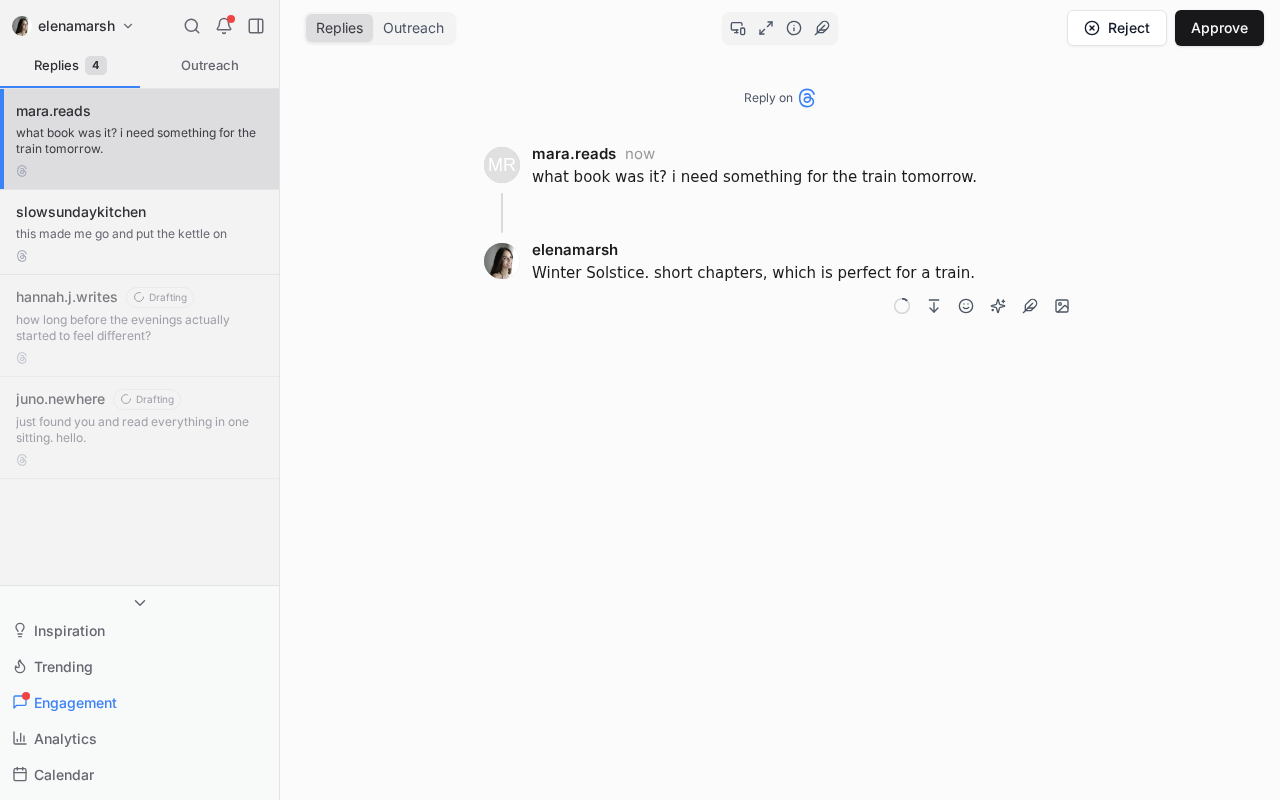 The ElvenFlow engagement view, replies to answer listed with a draft reply ready to send
